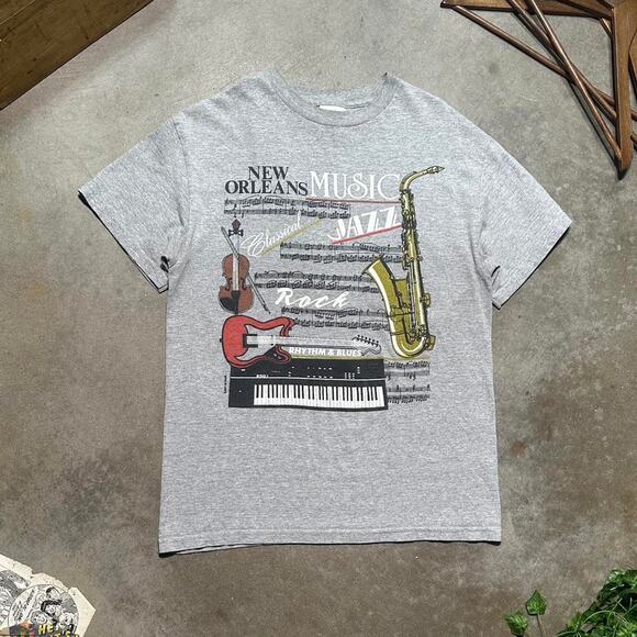 Vintage Y2K New Orleans Jazz Music Tee Mens Medium Grey Rhythm & Blues Shirt - Picture 1 of 4